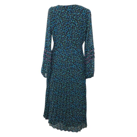 SKIES ARE BLUE Women's Midi Dress Balloon Sleeves Pleated Medium Green Multicolo - Picture 2 of 12